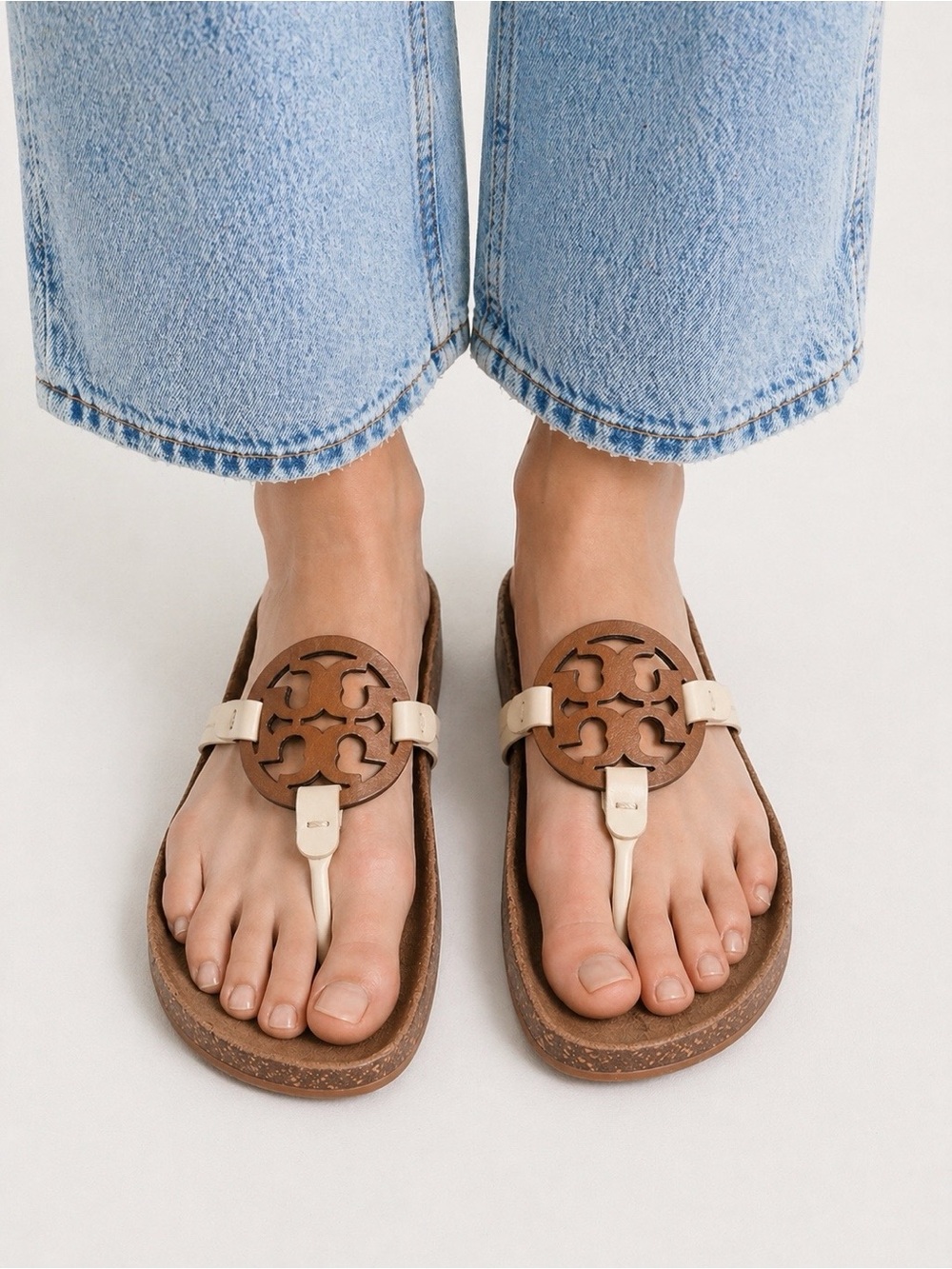 TORY BURCH Miller Cloud Leather Cork Sandals in Cream Caramel US 8.5 - Picture 2 of 13
